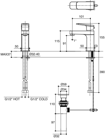 K-76890X-4-CP Anzio Single Lever Lavatory Faucet Mixer